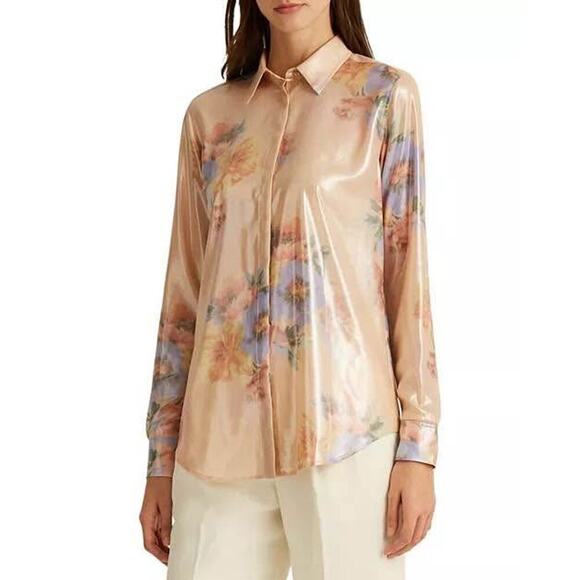 Lauren Ralph Lauren Women’s XL Floral Metallic Georgette Crepe Blouse Shirt - Picture 1 of 9